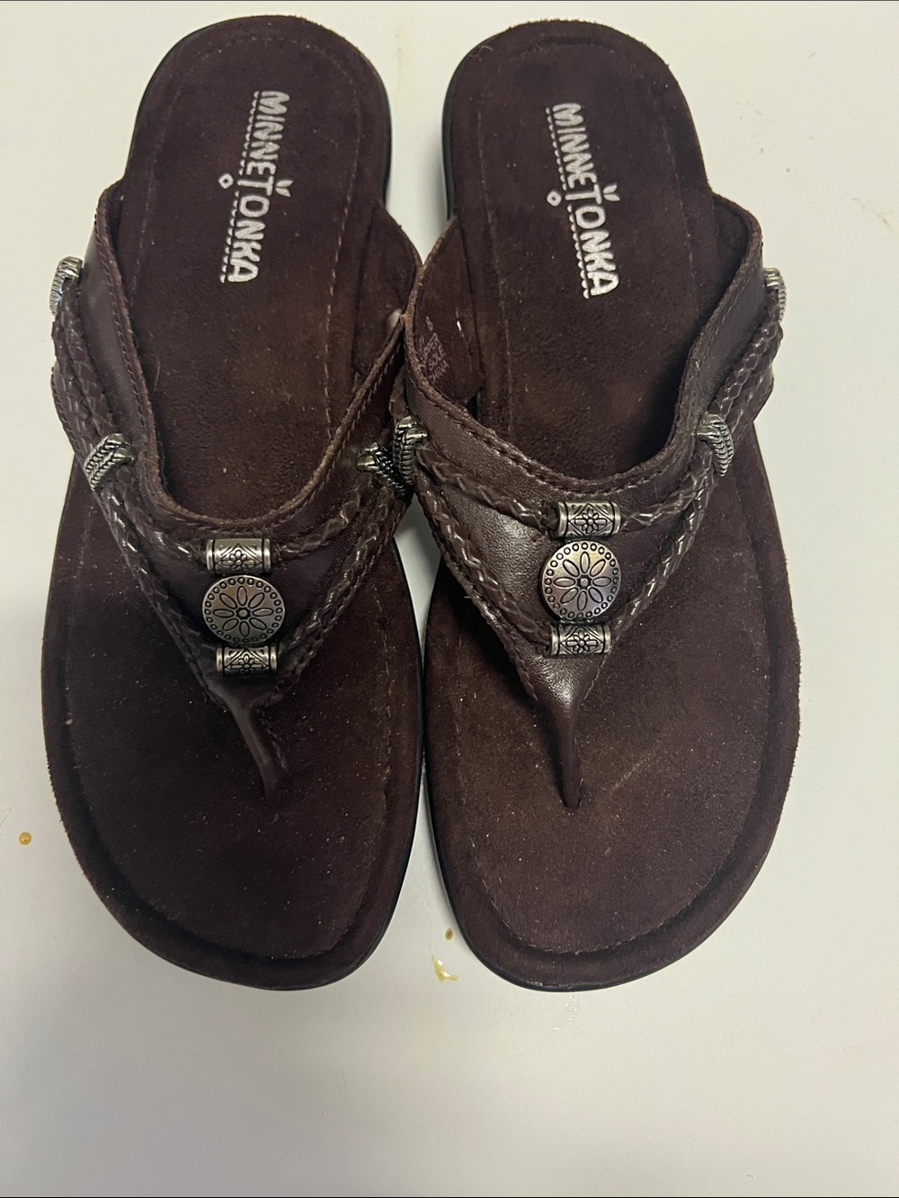Minnetonka Dark Brown Braided Suede Thong Sandals with Silver Conchos